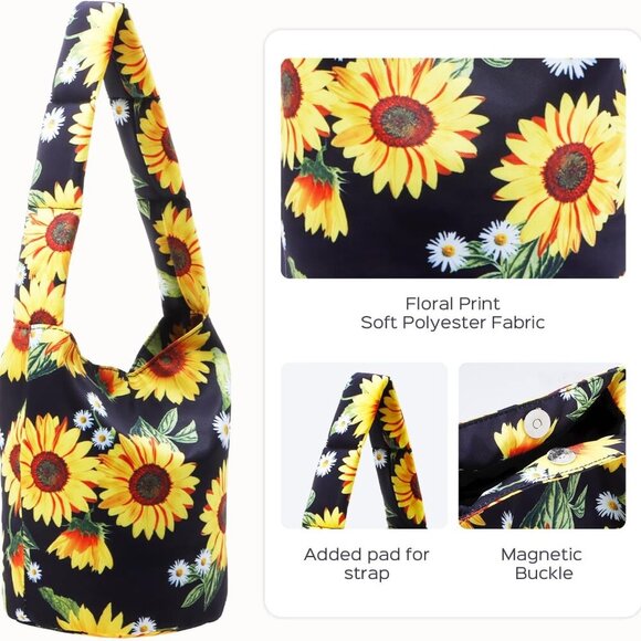 Small Bucket Bag for Women Floral Printed Shoulder Purses Mini Hobo Bag Top Hand - Picture 3 of 7